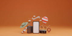白色屏幕移动模型与飞机气球游泳橡胶环行李太阳镜他和相机在橙色背景旅行概念呈现
