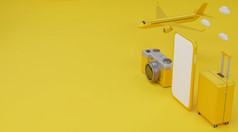 快乐新一年白色屏幕移动模型飞机行李和相机在黄色的背景旅行概念呈现