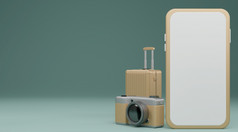 白色屏幕移动模型与相机和行李在柔和的蓝色的背景旅行概念呈现