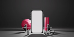 体育运动健身设备白色屏幕移动模型红色的瑜伽席适合球瓶水哑铃杠铃在黑色的背景呈现