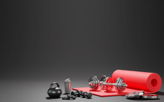 体育运动健身设备红色的瑜伽席壶铃瓶水哑铃在黑色的颜色背景呈现