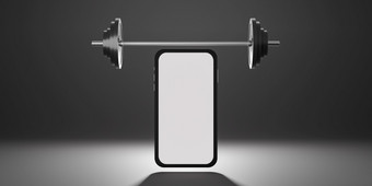 体育运动健身设备白色屏幕移动模型盘子杠铃在黑色的背景呈现