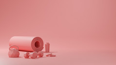 体育运动健身设备瑜伽席壶铃瓶水哑铃粉红色的颜色女概念呈现