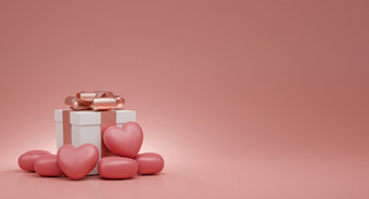 <strong>情人节</strong>rsquo一天概念粉红色的心气球和白色礼物盒子与玫瑰<strong>黄金</strong>丝带粉红色的背景呈现