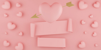 情人节rsquo一天概念粉红色的心气球与黄金箭头和横幅粉红色的背景呈现