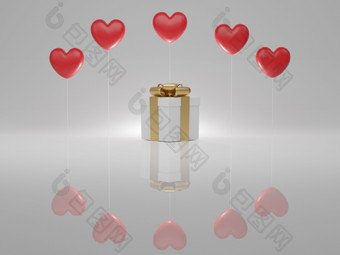 情人节rsquo一天概念红色的心气球和白色礼物盒子与黄金丝带白色背景呈现