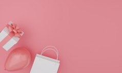 集模拟纸袋礼物盒子和气球粉红色的颜色背景节日设计呈现