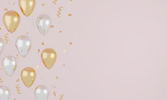 节日现实的粉红色的和白色气球颜色与丝带和黄金闪闪发光的庆祝概念呈现