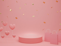 情人节rsquo一天讲台上产品站与心购物袋和黄金闪闪发光的柔和的粉红色的背景与复制空间呈现