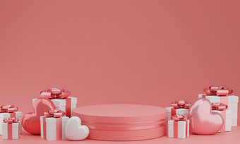 情人节rsquo一天讲台上产品站与心气球和礼物盒子柔和的粉红色的背景与复制空间呈现
