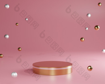 黄金最小的领奖台基座步骤粉红色的背景和黄金<strong>球</strong>装饰模拟呈现