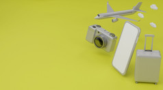 呈现旅行概念手提箱相机飞机与智能手机黄色的背景