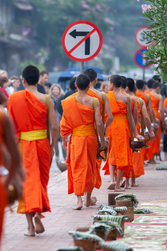 游客采取照片老挝佛教僧侣与佛教施舍给仪式的路的早....传统的给施舍佛教僧侣銮prabang老挝的世界遗产小镇