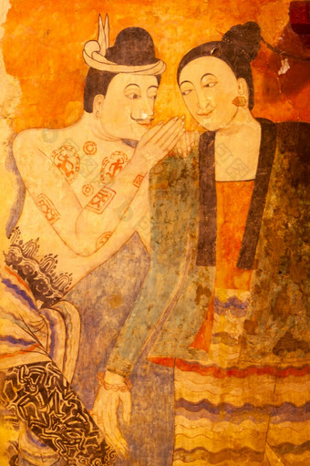 古老的壁画绘画男人。窃窃私语女人著名的壁画绘画什么停著名的佛教寺庙南省泰国的寺庙开放的公共