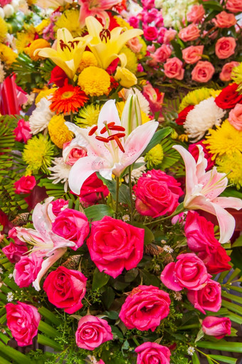 色彩鲜艳的新鲜的开花花美丽的莉莉玫瑰和其他花的花店商店货架上小径断续器thmei市场<strong>金边</strong>在<strong>金边</strong>城市柬埔寨