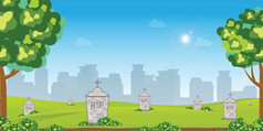 墓地与老墓碑在绿色草与花和树城市建筑背景纪念公园向量插图