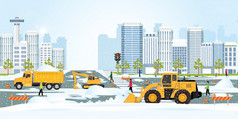 雪犁卡车清洁城市住宅区域街道冬天雪删除概念现代城市建筑清洁雪的街道的城市向量插图