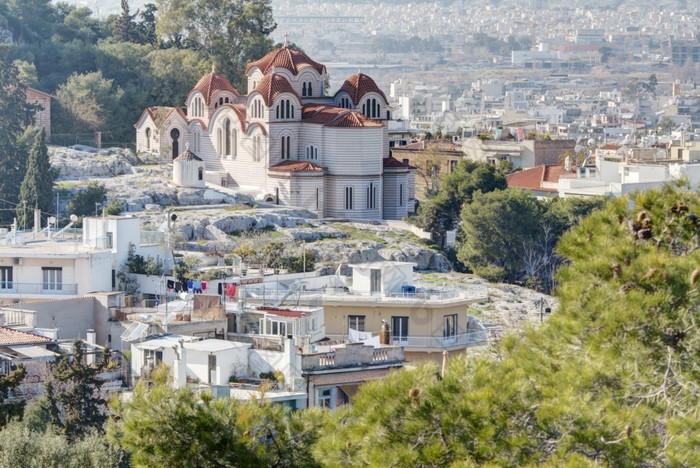 要快乐玛丽娜圣玛丽娜正统的教堂位于的山的仙女雅典希腊的城市雅典可以见过的背景