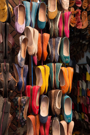 色彩鲜艳的皮革鞋子显示<strong>集市</strong>的麦地那马拉喀什摩洛哥