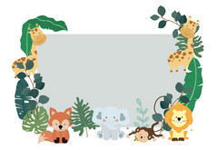 绿色集合Safari背景集与猴子狐狸长颈鹿可编辑的向量插图为生日邀请明信片和贴纸