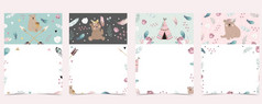 放荡不羁的粉红色的蓝色的邀请卡与动物叶花环羽毛和框架为生日婴儿淋浴明信片海报背景