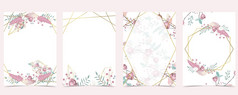 几何粉红色的黄金婚礼邀请卡与玫瑰叶花环羽毛和框架