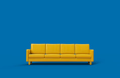 黄色的皮革沙发孤立的蓝色的背景呈现
