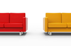 极长红色的和黄色的沙发孤立的白色背景呈现