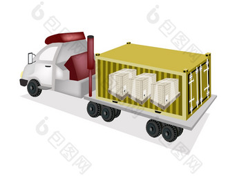 黄色的运费容器<strong>卡车</strong>运输木板条箱货物盒子保护与塑料缩小包装的回来平板<strong>卡车</strong>平板清晰的表达<strong>卡车</strong>