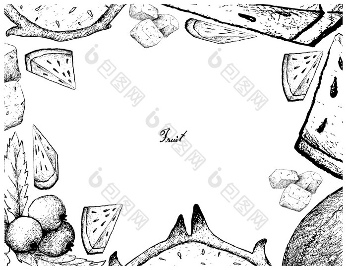 新鲜的水果插图框架手画草图新鲜的西瓜Muntingiacalabura龙水果火龙果孤立的白色背景