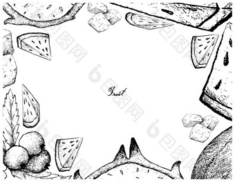 新鲜的水果插图框架手画草图新鲜的西瓜Muntingiacalabura龙水果火龙果孤立的白色背景