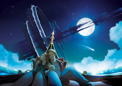 向量插图特色夫妇有时间在一起贡多拉船晚上与的巨大的未来主义的结构那轨道周围的地球空间的背景