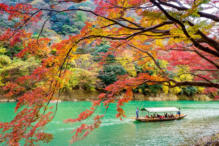 船夫撑船的船河岚山秋天季节沿着的河《京都议定书》日本