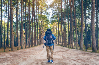 徒步旅行男人。与背包走森林