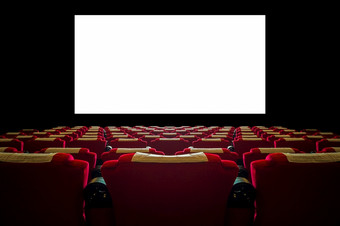 电影大厅与红色的座位和宽白色屏幕