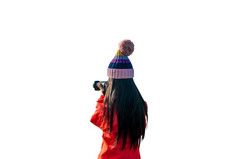 年轻的女人采取照片与数字相机孤立的白色背景