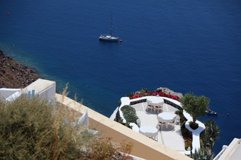 餐厅阳台俯瞰海aio村圣托里尼岛基克拉迪群岛岛屿希腊餐厅阳台俯瞰的海圣托里尼岛岛希腊