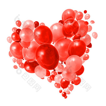 温暖的红色的气球飞行心形状形成白色背景色彩斑斓的气球心集团