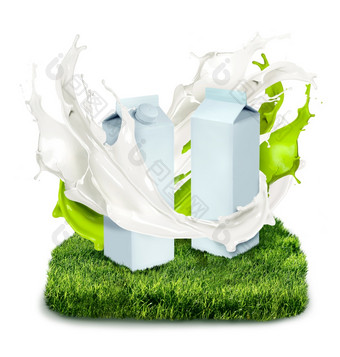 新鲜的牛奶罐与白色和绿色飞溅草空白牛奶汁纸箱罐
