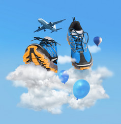 蓝色的体育运动鞋子运行云软走概念软运行和走概念