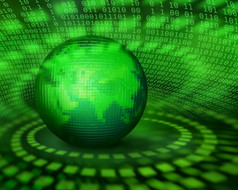 绿色像素地球发射数字数据脉冲信息技术概念绿色数字像素地球