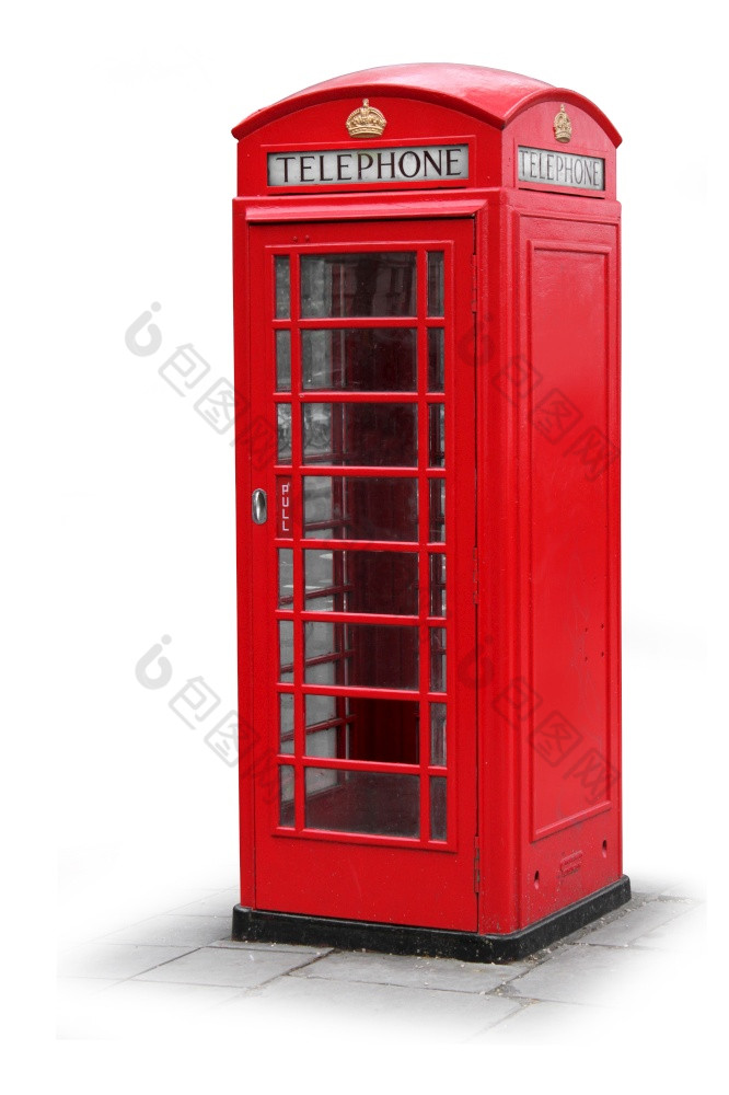 经典红色的电话展位盒子伦敦孤立的白色红色的电话展位盒子伦敦