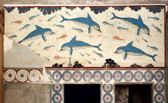 克里特<strong>文明的</strong>海豚新鲜克诺索斯宫皇后区房间克里特岛希腊克里特<strong>文明的</strong>海豚壁画绘画新鲜