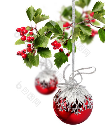 红色的圣诞节球与山楂浆果分支孤立的白色红色的圣诞节球山楂