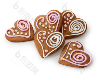 心形状姜面包装饰与粉红色的和白色糖glazi心形状姜面包