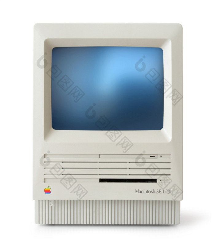 原始经典苹果麦金塔电脑电脑前面孤立的白色