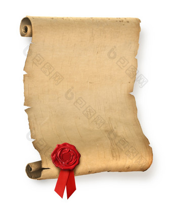 老衣衫褴褛的羊皮纸卷与红色的蜡密封老羊皮纸与红色的蜡密封