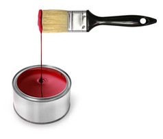 光滑的红色的油漆滴从刷锡可以红色的油漆滴刷
