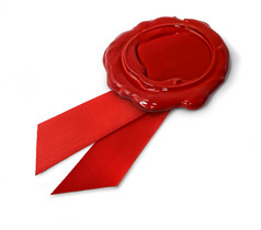 红色的蜡密封与丝带孤立的白色背景红色的蜡密封