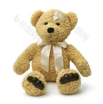 受伤的泰迪熊坐着伤心白色背景孤立的伤心泰迪熊受伤的